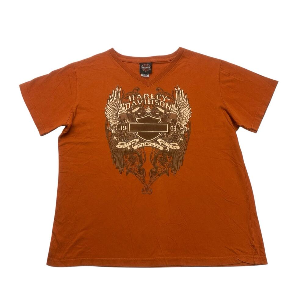 Harley Davidson Shirt Womens XL Orange Wings V Neck Motorcycle Biker